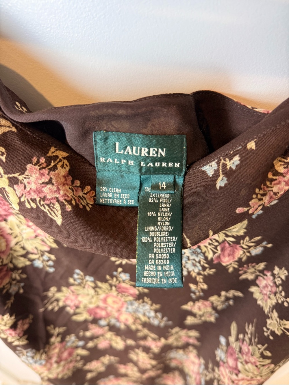 Vintage 90s Lauren Ralph Lauren 82% Wool Floral Midi Skirt Brown Lined 14 TEAR - Picture 10 of 13